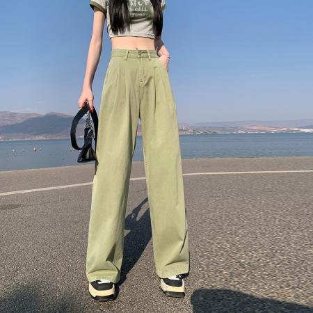 BY15515# 夏季新款绿色高腰直筒褶皱牛仔裤女显高显瘦减龄宽松阔腿裤 服裝批發女裝批發服飾貨源