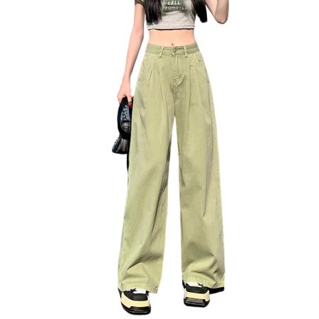 BY15515# 夏季新款绿色高腰直筒褶皱牛仔裤女显高显瘦减龄宽松阔腿裤 服裝批發女裝批發服飾貨源