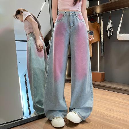 BY15517# 多巴胺粉色阔腿牛仔裤女春夏季新款宽松显瘦酷飒辣妹直筒裤子 服裝批發女裝批發服飾貨源