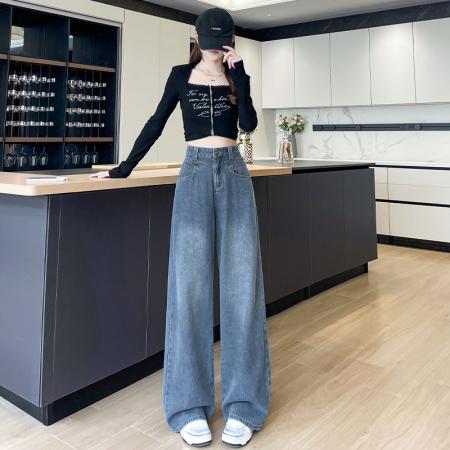 BY15519# 复古蓝压花星空纹阔腿牛仔裤女宽松高腰显瘦顺垂感休闲窄版拖地裤 服裝批發女裝批發服飾貨源