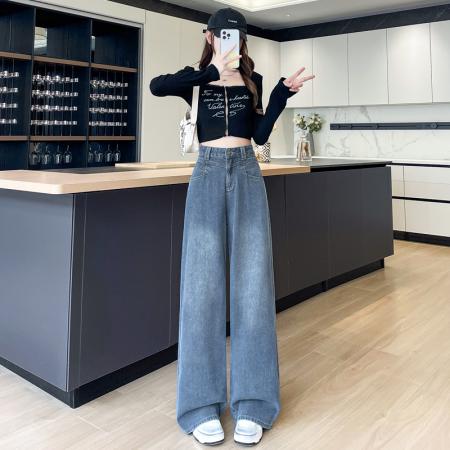 BY15519# 复古蓝压花星空纹阔腿牛仔裤女宽松高腰显瘦顺垂感休闲窄版拖地裤 服裝批發女裝批發服飾貨源