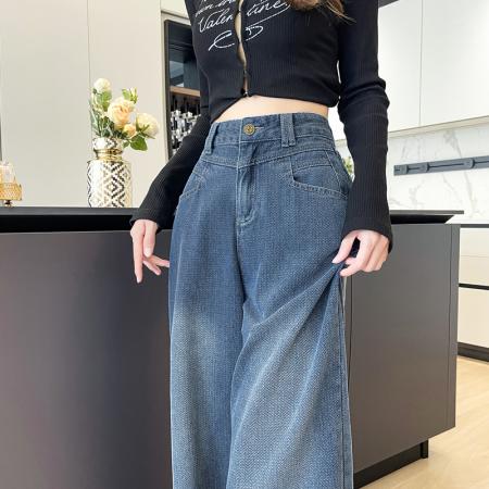 BY15519# 复古蓝压花星空纹阔腿牛仔裤女宽松高腰显瘦顺垂感休闲窄版拖地裤 服裝批發女裝批發服飾貨源