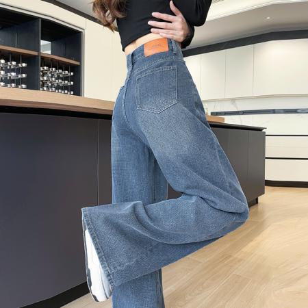 BY15519# 复古蓝压花星空纹阔腿牛仔裤女宽松高腰显瘦顺垂感休闲窄版拖地裤 服裝批發女裝批發服飾貨源