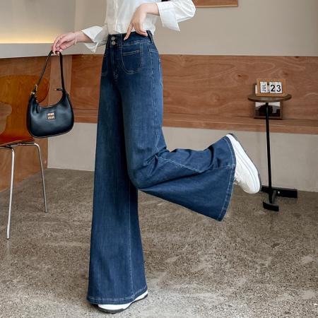 BY15520# 欧货不贴腿微喇裤美式复古蓝色微喇牛仔裤女高腰宽松垂感阔腿拖地 服裝批發女裝批發服飾貨源
