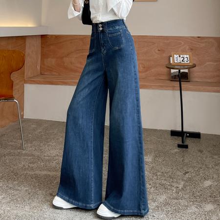 BY15520# 欧货不贴腿微喇裤美式复古蓝色微喇牛仔裤女高腰宽松垂感阔腿拖地 服裝批發女裝批發服飾貨源