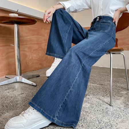 BY15520# 欧货不贴腿微喇裤美式复古蓝色微喇牛仔裤女高腰宽松垂感阔腿拖地 服裝批發女裝批發服飾貨源