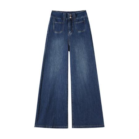 BY15520# 欧货不贴腿微喇裤美式复古蓝色微喇牛仔裤女高腰宽松垂感阔腿拖地 服裝批發女裝批發服飾貨源