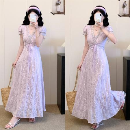 BY15521# 大码夏季新款时尚百搭气质温柔风绣花短袖连衣裙收腰显瘦中长裙子 服裝批發女裝批發服飾貨源