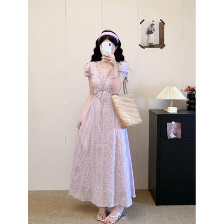 BY15521# 大码夏季新款时尚百搭气质温柔风绣花短袖连衣裙收腰显瘦中长裙子 服裝批發女裝批發服飾貨源