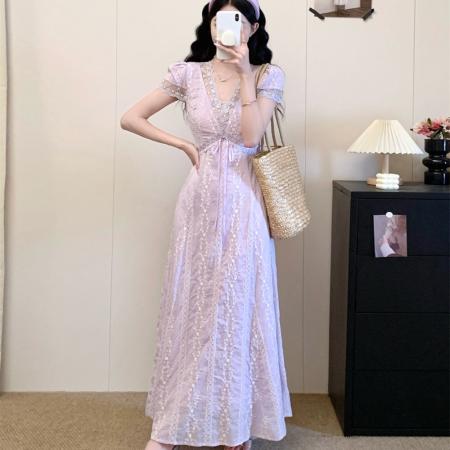 BY15521# 大码夏季新款时尚百搭气质温柔风绣花短袖连衣裙收腰显瘦中长裙子 服裝批發女裝批發服飾貨源