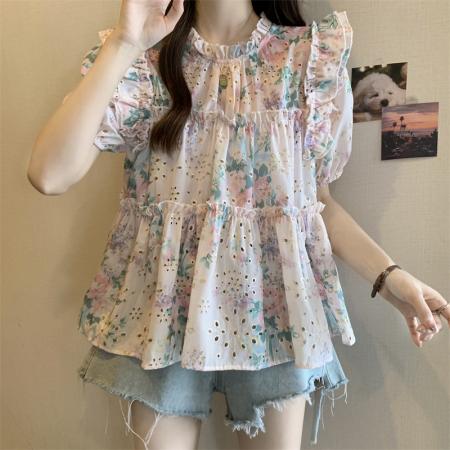 BY15522# 大码女装新款设计感洋气短袖衬衫女夏季荷叶边碎花甜美上衣 服裝批發女裝批發服飾貨源