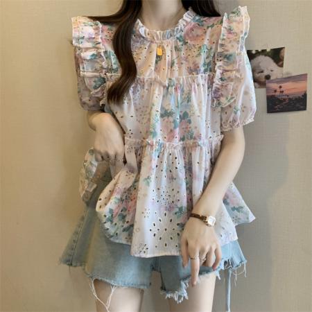 BY15522# 大码女装新款设计感洋气短袖衬衫女夏季荷叶边碎花甜美上衣 服裝批發女裝批發服飾貨源