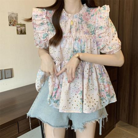 BY15522# 大码女装新款设计感洋气短袖衬衫女夏季荷叶边碎花甜美上衣 服裝批發女裝批發服飾貨源