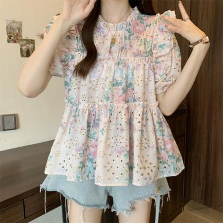 BY15522# 大码女装新款设计感洋气短袖衬衫女夏季荷叶边碎花甜美上衣 服裝批發女裝批發服飾貨源