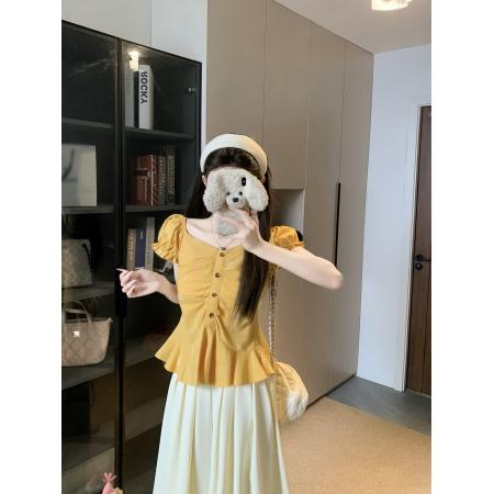 BY15525# 大码女装泡泡袖衬衫女夏季套装收腰显瘦压褶洋气别致小衫上衣 服裝批發女裝批發服飾貨源