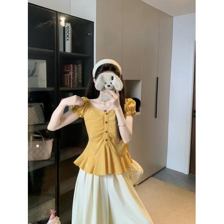 BY15525# 大码女装泡泡袖衬衫女夏季套装收腰显瘦压褶洋气别致小衫上衣 服裝批發女裝批發服飾貨源