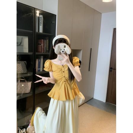 BY15525# 大码女装泡泡袖衬衫女夏季套装收腰显瘦压褶洋气别致小衫上衣 服裝批發女裝批發服飾貨源