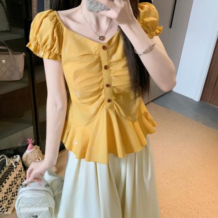 BY15525# 大码女装泡泡袖衬衫女夏季套装收腰显瘦压褶洋气别致小衫上衣 服裝批發女裝批發服飾貨源