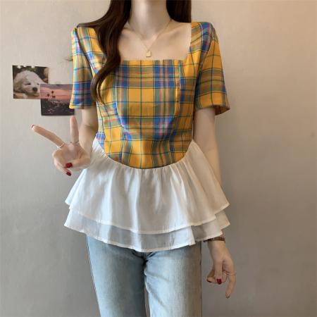 BY15526# 欧货方领花边拼接格子衬衫女夏新款超仙轻奢洋气短袖T恤上衣 服裝批發女裝批發服飾貨源