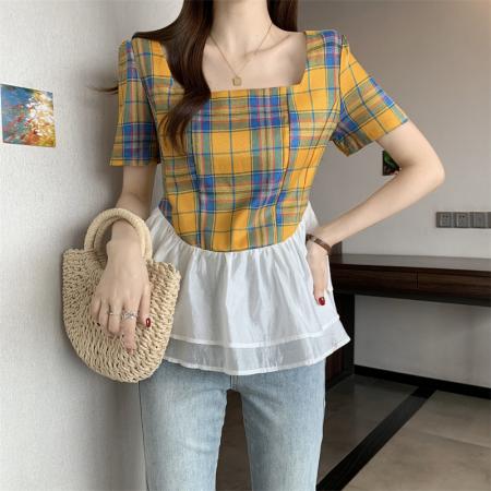 BY15526# 欧货方领花边拼接格子衬衫女夏新款超仙轻奢洋气短袖T恤上衣 服裝批發女裝批發服飾貨源