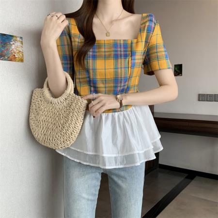 BY15526# 欧货方领花边拼接格子衬衫女夏新款超仙轻奢洋气短袖T恤上衣 服裝批發女裝批發服飾貨源