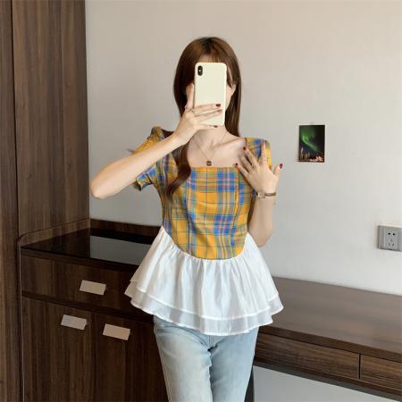 BY15526# 欧货方领花边拼接格子衬衫女夏新款超仙轻奢洋气短袖T恤上衣 服裝批發女裝批發服飾貨源