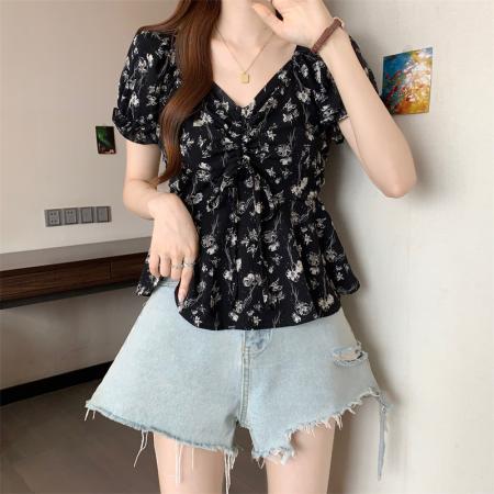 BY15527# 大码泡泡袖v领碎花衬衫女夏季百搭收腰显瘦衬衣设计感一字肩上衣 服裝批發女裝批發服飾貨源