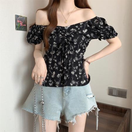 BY15527# 大码泡泡袖v领碎花衬衫女夏季百搭收腰显瘦衬衣设计感一字肩上衣 服裝批發女裝批發服飾貨源