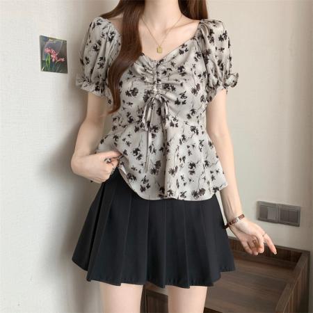 BY15527# 大码泡泡袖v领碎花衬衫女夏季百搭收腰显瘦衬衣设计感一字肩上衣 服裝批發女裝批發服飾貨源