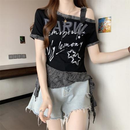 BY15528# 大码胖MM甜酷辣妹字母印花飘带短袖t恤女夏季设计感露肩拼接上衣 服裝批發女裝批發服飾貨源