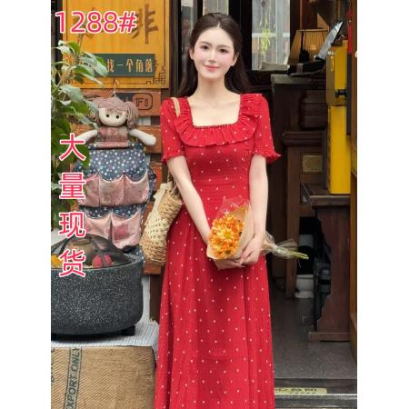 BY15529# 大码法式气质绝美方领连衣裙女夏季胖mm高级感红色波点雪纺长裙子 服裝批發女裝批發服飾貨源