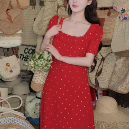 BY15529# 大码法式气质绝美方领连衣裙女夏季胖mm高级感红色波点雪纺长裙子 服裝批發女裝批發服飾貨源