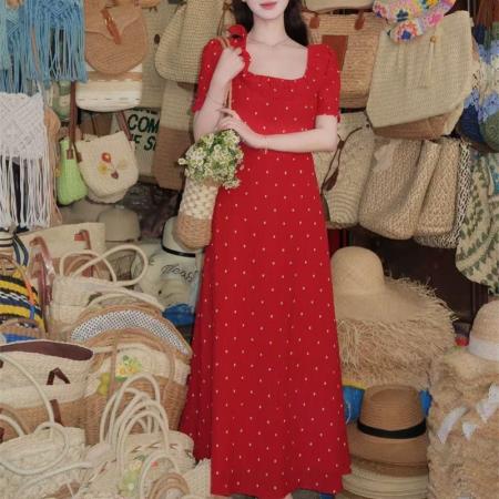 BY15529# 大码法式气质绝美方领连衣裙女夏季胖mm高级感红色波点雪纺长裙子 服裝批發女裝批發服飾貨源