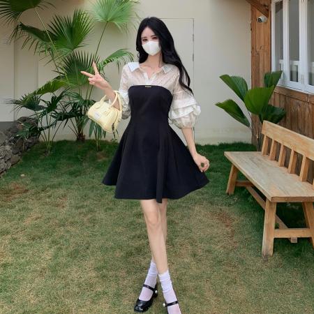 BY15532# 假两件法式波点衬衫大码连衣裙夏季新款设计感收腰显瘦A字裙 服裝批發女裝批發服飾貨源