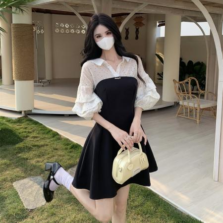 BY15532# 假两件法式波点衬衫大码连衣裙夏季新款设计感收腰显瘦A字裙 服裝批發女裝批發服飾貨源