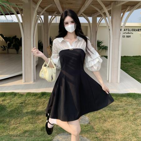 BY15532# 假两件法式波点衬衫大码连衣裙夏季新款设计感收腰显瘦A字裙 服裝批發女裝批發服飾貨源