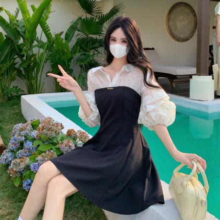 BY15532# 假两件法式波点衬衫大码连衣裙夏季新款设计感收腰显瘦A字裙 服裝批發女裝批發服飾貨源