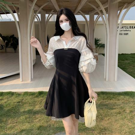 BY15532# 假两件法式波点衬衫大码连衣裙夏季新款设计感收腰显瘦A字裙 服裝批發女裝批發服飾貨源