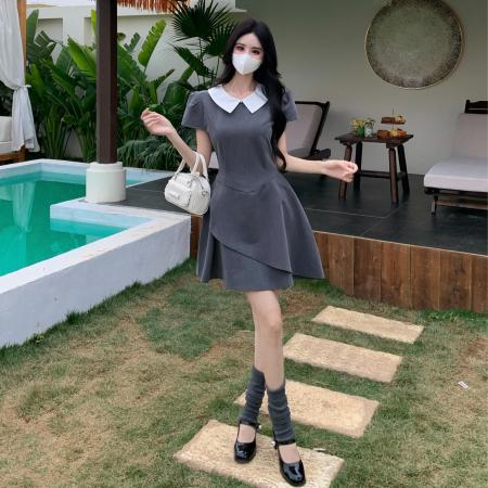 BY15533# 夏季新款学院风法式气质娃娃领短袖大码高腰显瘦连衣裙女 服裝批發女裝批發服飾貨源