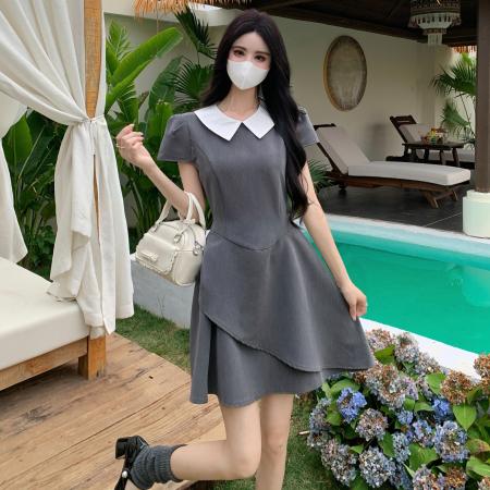 BY15533# 夏季新款学院风法式气质娃娃领短袖大码高腰显瘦连衣裙女 服裝批發女裝批發服飾貨源