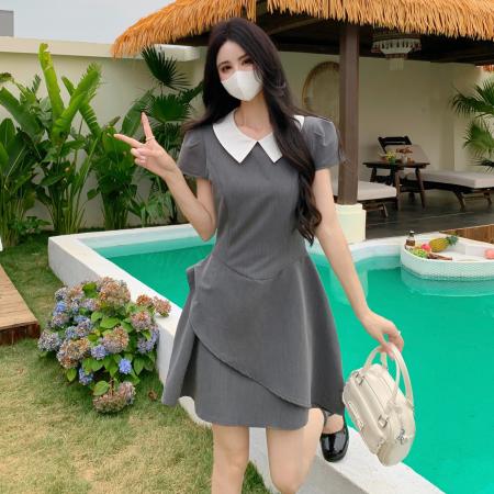 BY15533# 夏季新款学院风法式气质娃娃领短袖大码高腰显瘦连衣裙女 服裝批發女裝批發服飾貨源