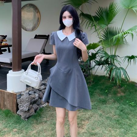 BY15533# 夏季新款学院风法式气质娃娃领短袖大码高腰显瘦连衣裙女 服裝批發女裝批發服飾貨源