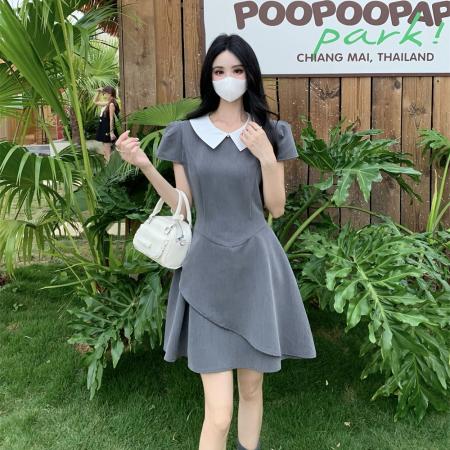 BY15533# 夏季新款学院风法式气质娃娃领短袖大码高腰显瘦连衣裙女 服裝批發女裝批發服飾貨源