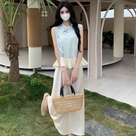 BY15534# 新中式连衣裙套装女夏季新款盘扣背心上衣大码吊带裙两件套 服裝批發女裝批發服飾貨源