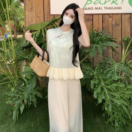 BY15534# 新中式连衣裙套装女夏季新款盘扣背心上衣大码吊带裙两件套 服裝批發女裝批發服飾貨源