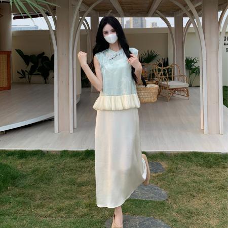 BY15534# 新中式连衣裙套装女夏季新款盘扣背心上衣大码吊带裙两件套 服裝批發女裝批發服飾貨源