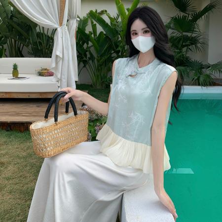 BY15534# 新中式连衣裙套装女夏季新款盘扣背心上衣大码吊带裙两件套 服裝批發女裝批發服飾貨源