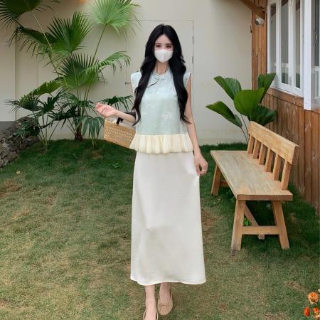 BY15534# 新中式连衣裙套装女夏季新款盘扣背心上衣大码吊带裙两件套 服裝批發女裝批發服飾貨源