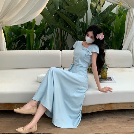 BY15535# 法式气质不对称斜领扭结花朵设计感收腰显瘦大码短袖连衣裙女 服裝批發女裝批發服飾貨源