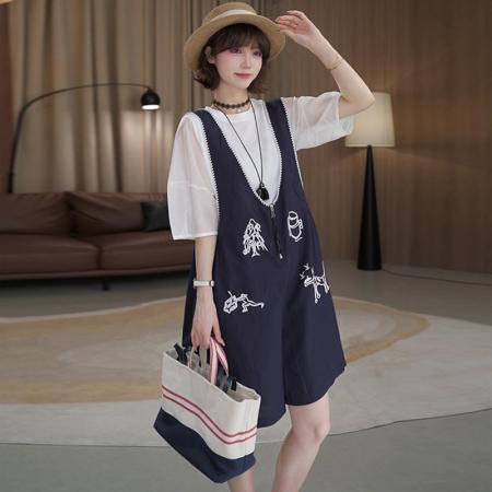 BY15538# 时尚棉麻刺绣背带裤搭圆领上衣显瘦两件套装 服裝批發女裝批發服飾貨源